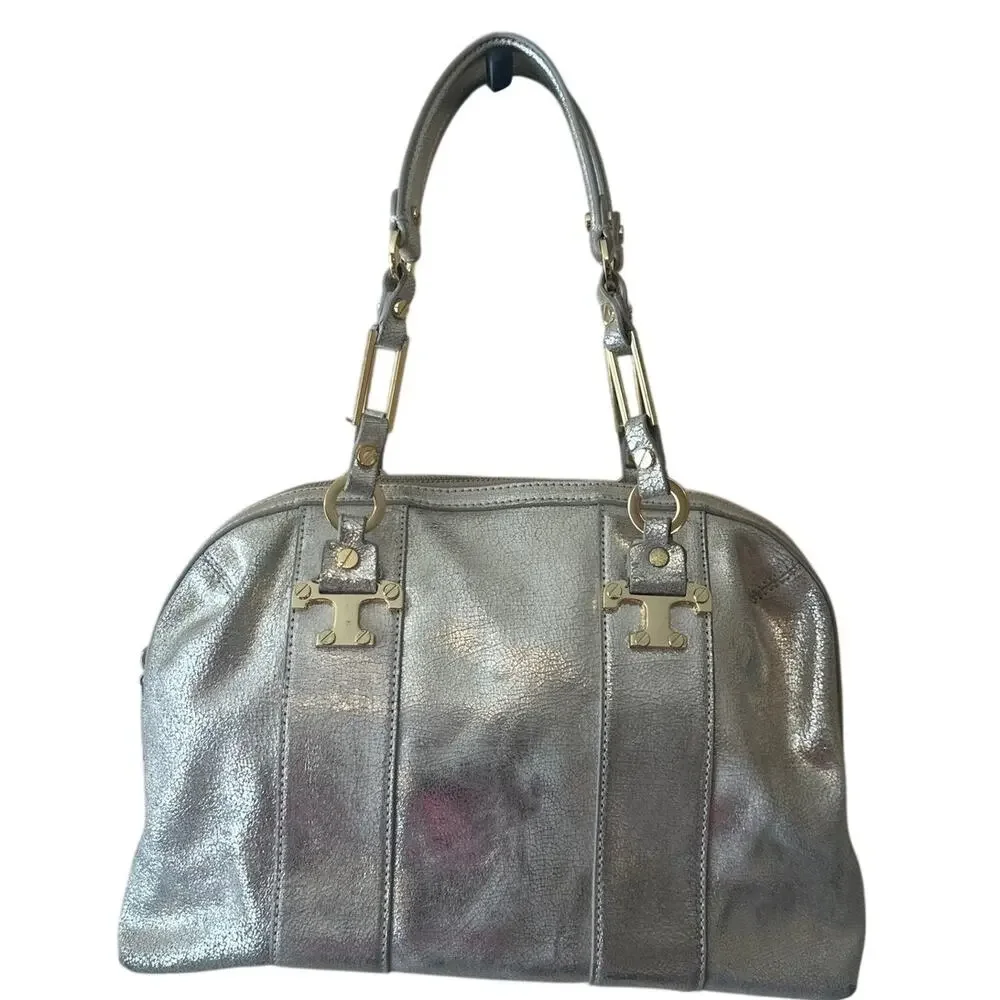 Tory Burch‎ Nico Metallic East West Tote Silver Distressed Leather